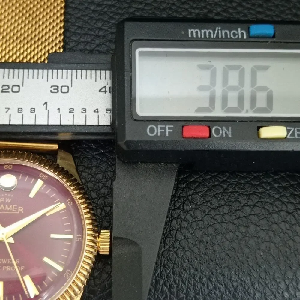 Vintage 1971 Roamer Manual Mens Gold Watch W/Metal Strap & Red accents